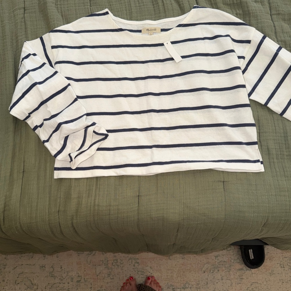Crewneck cropped Striped Top - White & Navy